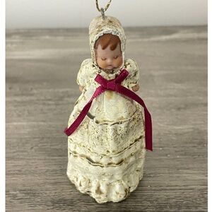 Vintage Baby Girl Christmas Ornament 4” Bisque-Style Dress with Pink Bow